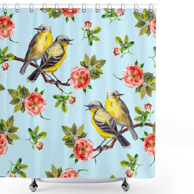 Personality  Seamless Floral Pattern With Rose Flowers And Birds Shower Curtains