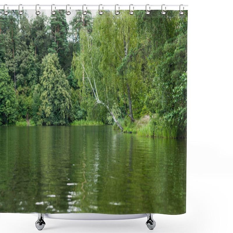 Personality  Scenic View Of Calm Lake With Green Trees On Bank Shower Curtains