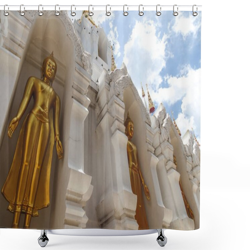 Personality  Bottom View Of Beautiful Golden Buddha Statues At Thai Temple Shower Curtains