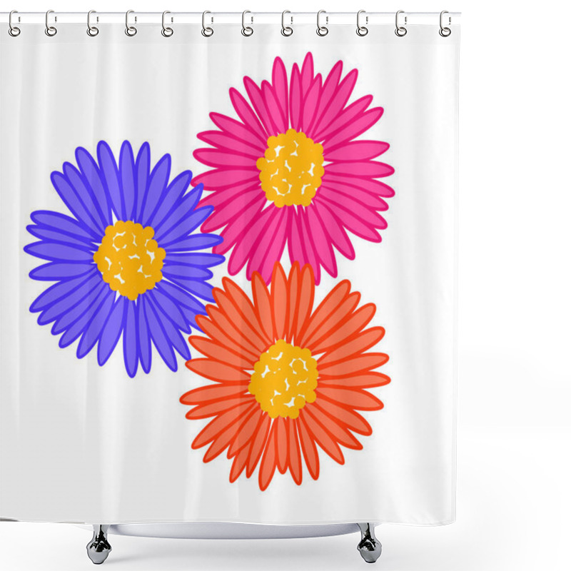 Personality  Hand Drawn Illustration With Three Orange Blue Pink Daisy Flowers On White Isolated Background. Bright Colorful Retro Vintage Print Design, 60s 70s Floral Art, Nature Plant Bloom Blossom Shower Curtains