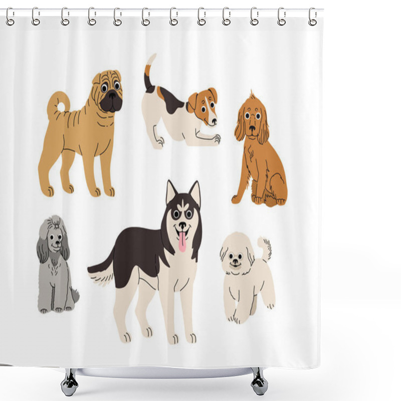 Personality  Cartoon Dogs In Motion Set. Different Canine Breeds. Active Puppies Siberian Husky, Jack Russell Terrier, Cocker Spaniel, Miniature Poodle, Shar Pei, Bishon Frize. Flat Vector Illustration Shower Curtains