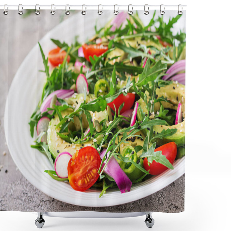 Personality  Diet Menu. Healthy Salad Of Fresh Vegetables - Tomatoes, Avocado, Arugula, Radish And Seeds On A Bowl. Vegan Food. Shower Curtains