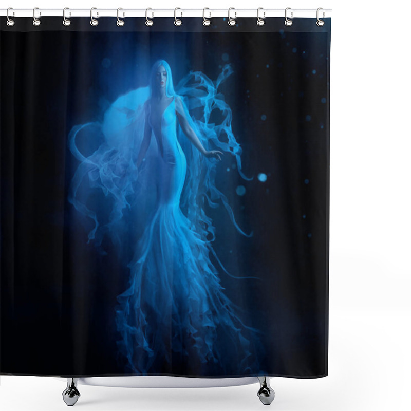 Personality  A White Mermaid, With Very Long And Blue Hair Floating Under The Water. An Unusual Image, The Tail Of A Jellyfish. Levitation And Weightlessness. Pale Skin, Gentle Makeup. Art Photo. Shower Curtains