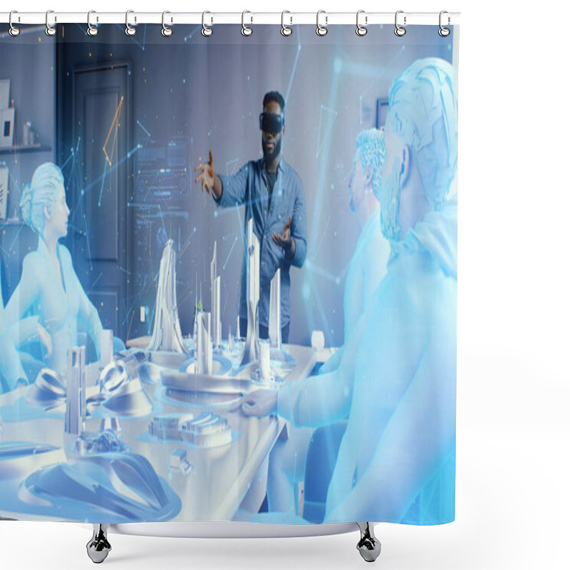 Personality  Man In Cyberspace Of Meta Universe Discussing Architectural Project Shower Curtains