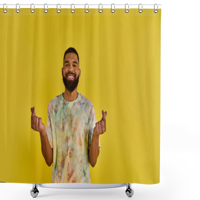 Personality  A Lone Man Stands Stoically In Front Of A Vibrant Yellow Background, Capturing The Contrast Between His Figure And The Bold Color Behind Him. Shower Curtains