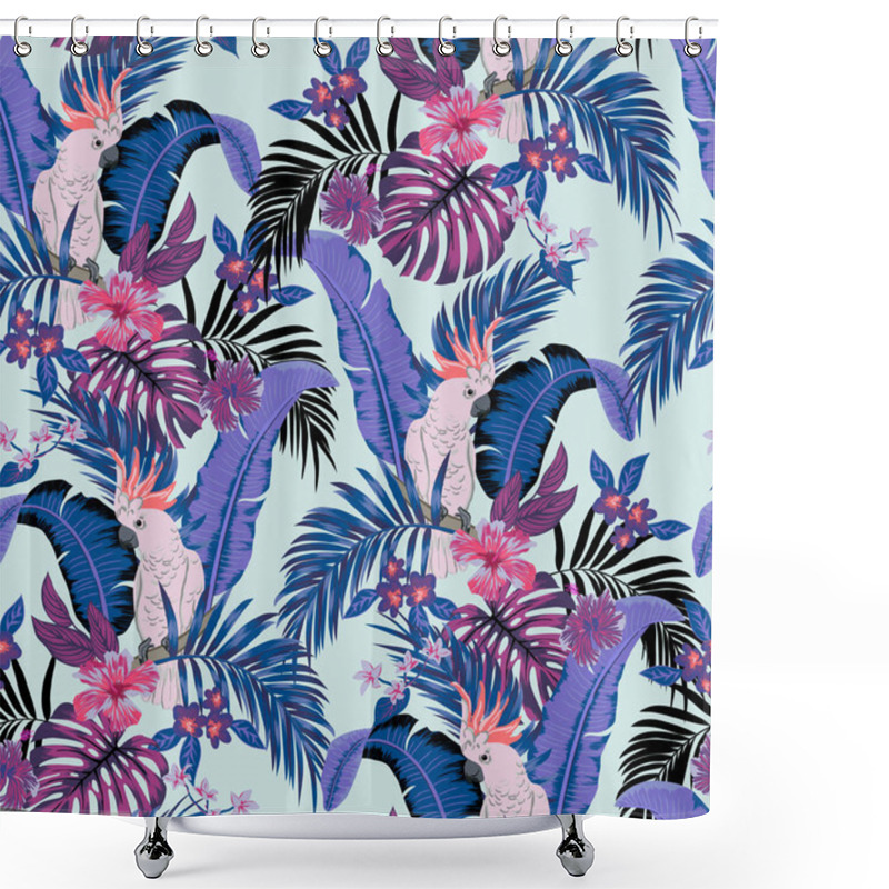 Personality  Vector Seamless Botanical Tropical Pattern With Parrots And Flowers. Floral Exotic Background Design With Banana Leaf, Areca Palm Leaves, Monstera Leaves, Hibiscus Flowers, Frangipani. Shower Curtains