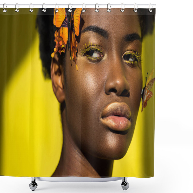 Personality  Pensive African American Girl With Butterflies Looking Away On Yellow Shower Curtains