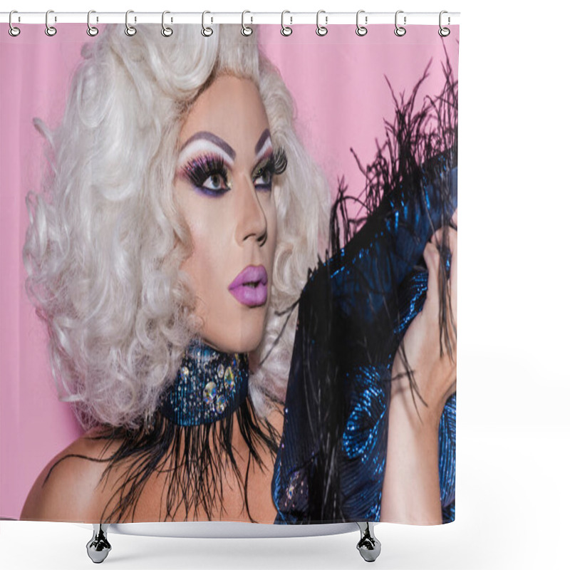 Personality  Eccentric Drag Queen With Bright Makeup Looking Away Isolated On Pink Shower Curtains