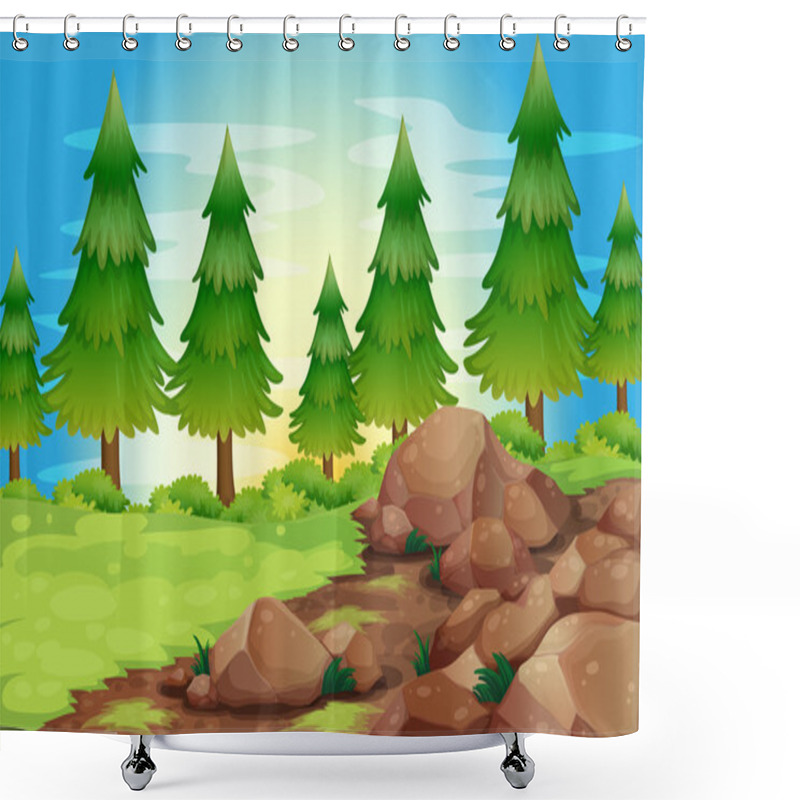 Personality  Big Stones And Pine Trees Shower Curtains