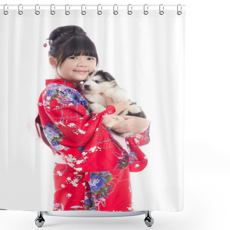 Personality  Little Asian Girl In Red Kimono Playing With A Siberian Husky Pu Shower Curtains