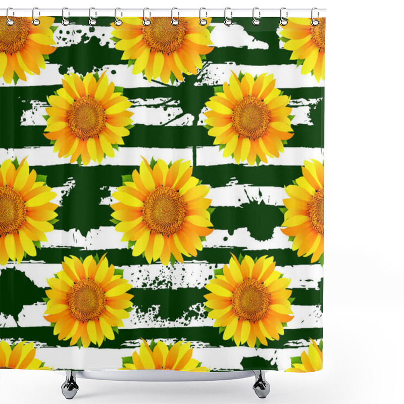 Personality  Seamless Pattern With Sunflowers On Abstract Green Stripes And Blots Background Vector Shower Curtains