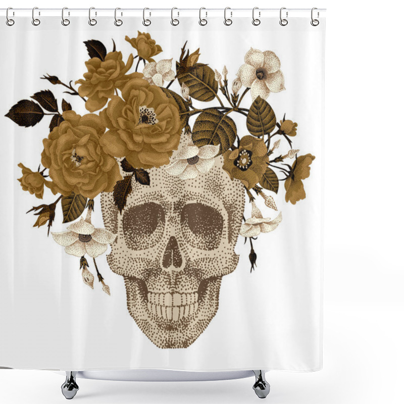 Personality  Illustration Of The Skull In A Wreath Of Flowers. Shower Curtains