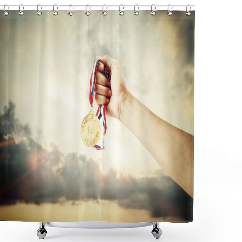 Personality  Woman Hand Raised, Holding Gold Medal Against Sky. Award And Victory Concept Shower Curtains