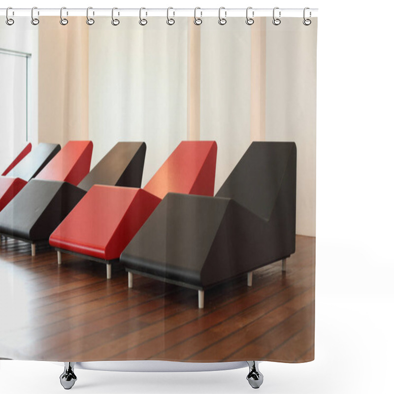 Personality  Photo Of Red And Black Minimalist Lounge Chairs On Wooden Flooring Shower Curtains