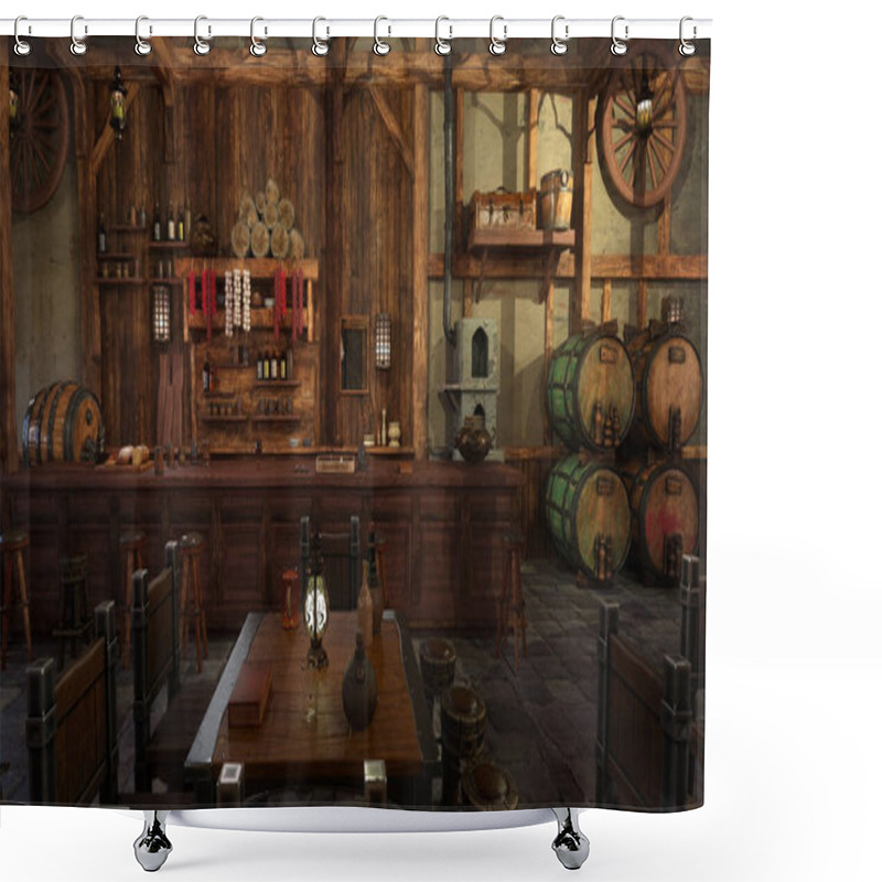 Personality  Dining Table And Bar In An Old Medieval Tavern Inn. 3D Rendering. Shower Curtains