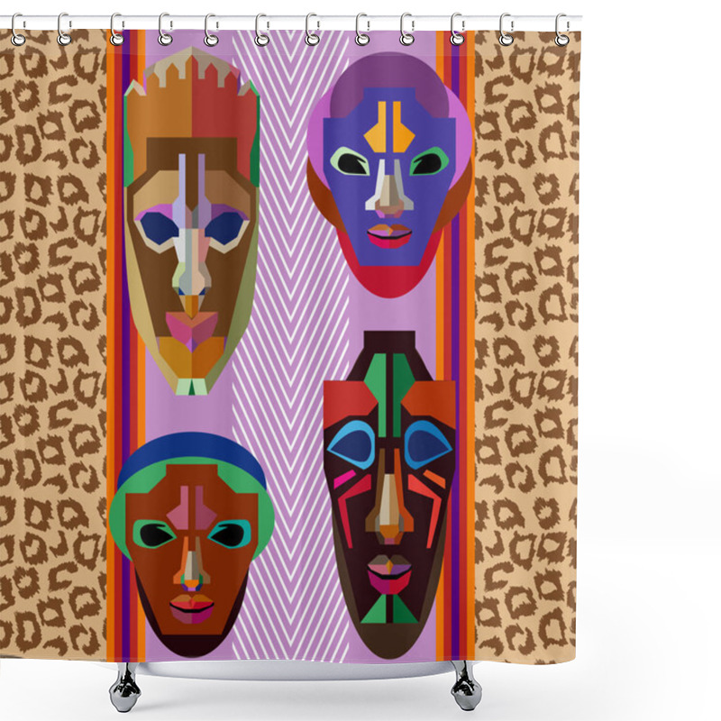 Personality  Seamless Vector Border With Shamanic Masks And Animal Prints. Shower Curtains