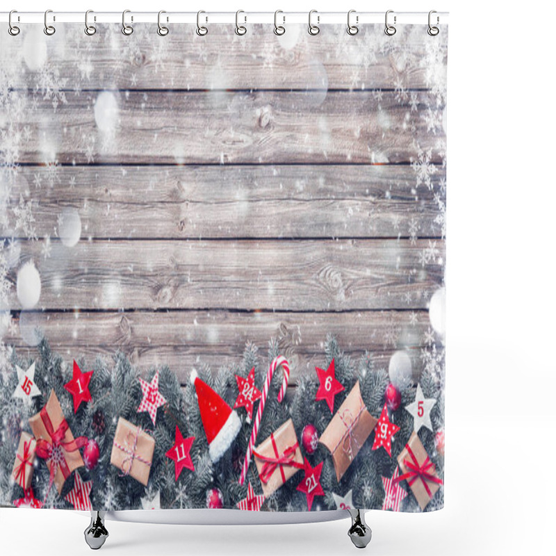 Personality  Fir Tree Branches With Advent Calendar Stars And Gift Boxes On Old Wooden Board Shower Curtains