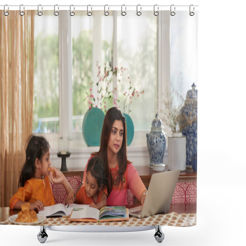 Personality  Young Indian Woman Working On Laptop When Two Children Playing And Reading Books Next To Her Shower Curtains