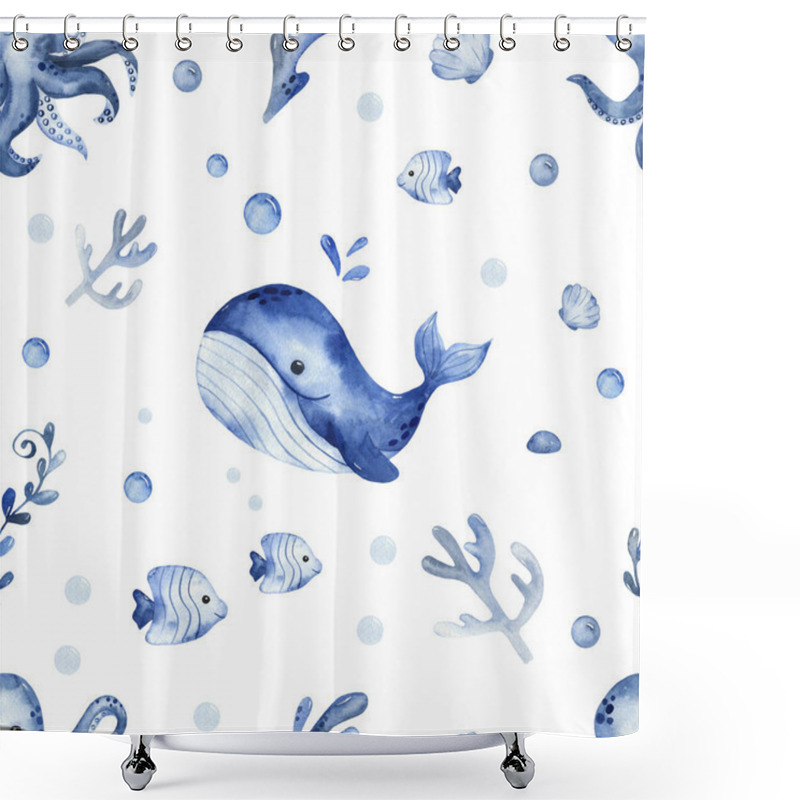 Personality  Underwater Creatures, Whale, Octopus, Fish, Algae, Corals On A White Background. Watercolor Seamless Pattern Shower Curtains