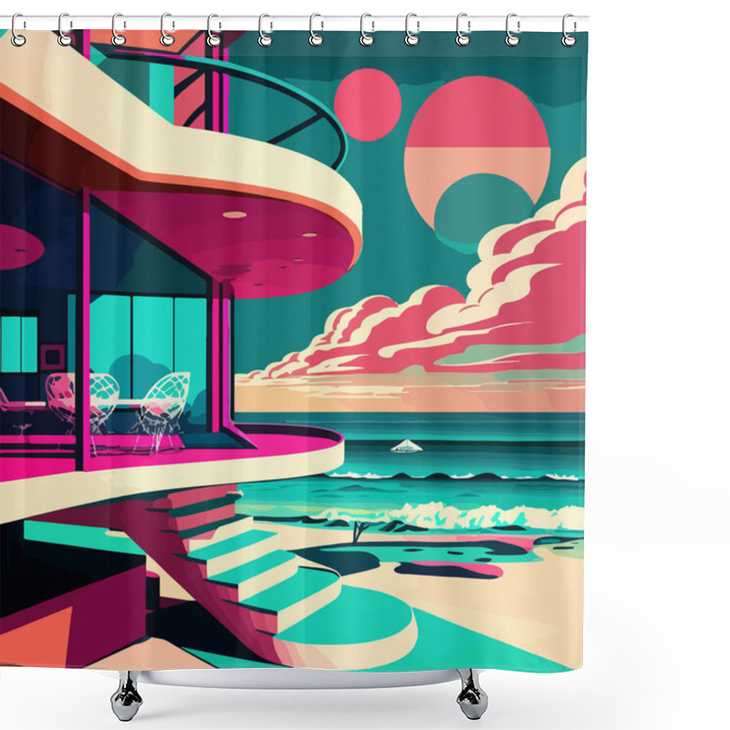 Personality  Fantastic Landscape Of The House Against The Backdrop Of The Ocean And Planets. For Your Sticker Or Logo Design. Shower Curtains