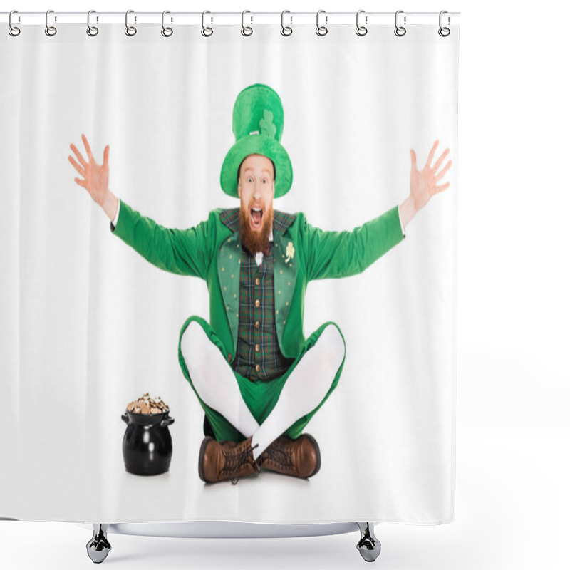 Personality  Excited Leprechaun Gesturing And Sitting At Pot Of Gold, Isolated On White  Shower Curtains