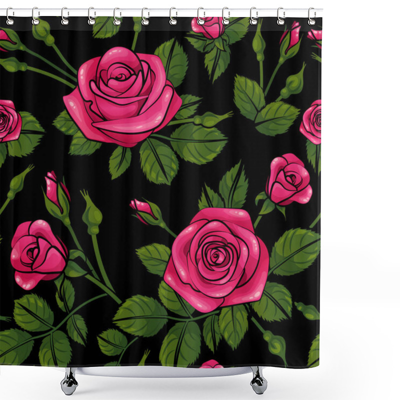 Personality  Romantic Roses Seamless Pattern With Leafs Buds And Blossom On Wallpaper Background, Repeatable No Sew Gap Illustration Shower Curtains