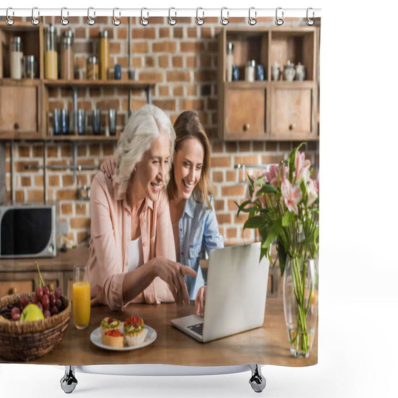 Personality  Women Using Laptop In Kitchen Shower Curtains