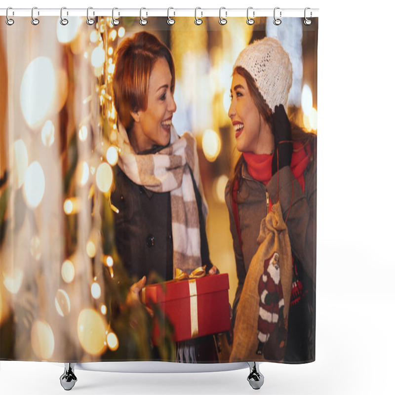 Personality  Cheerful Two Young Women Are Having Fun In The City Street At The Christmas Night. They Are Laughing And Buying Presents For Their Darlings. Shower Curtains