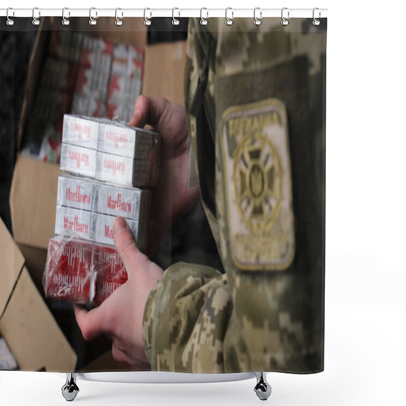 Personality  The Border Guard In Camouflage Uniforms Puts Smuggled Cigarettes Shower Curtains