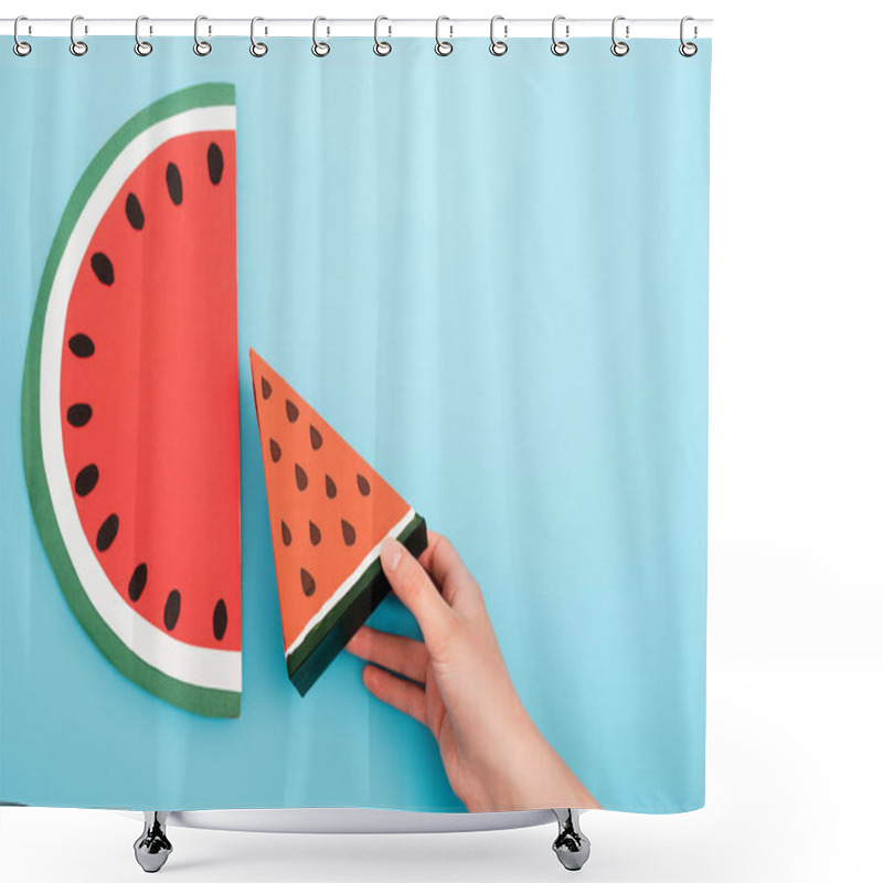 Personality  Partial View Of Female Hand With Paper Watermelon Slices On Blue Background Shower Curtains