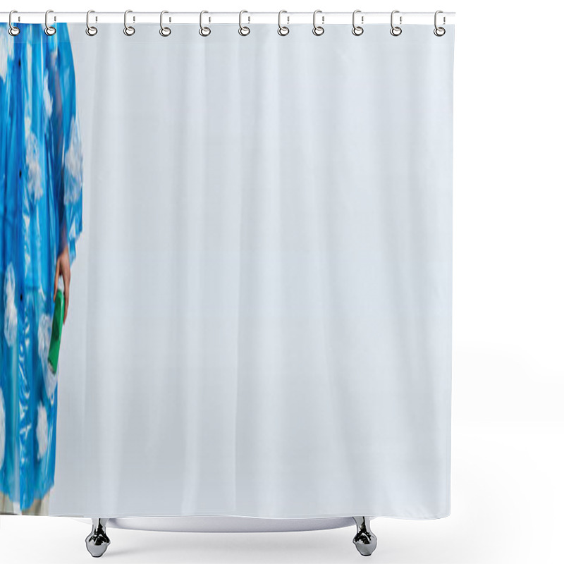 Personality  A Man Wearing A Plastic Cape With Cloud Patterns Holds A Green Bottle. Shower Curtains