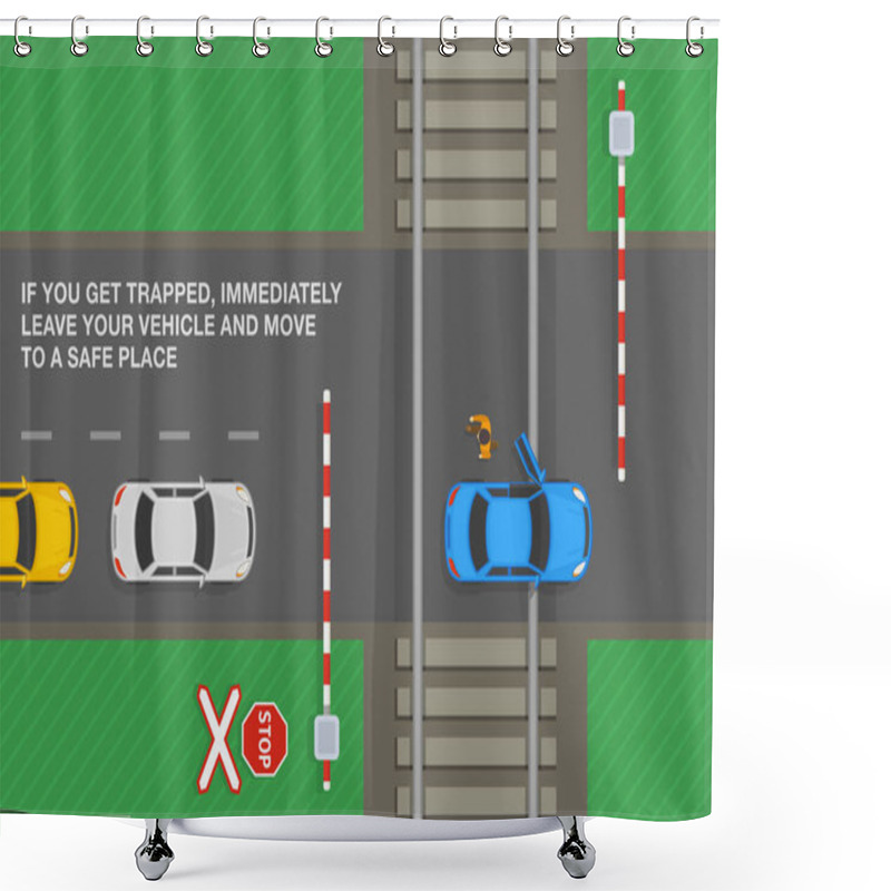 Personality  Safety Driving Tips And Rules. If You Trapped On Level Crossing, Immediately Leave Your Vehicle And Move To A Safe Place. Top View Of A Car Stuck On Railway Tracks. Flat Vector Illustration Template. Shower Curtains