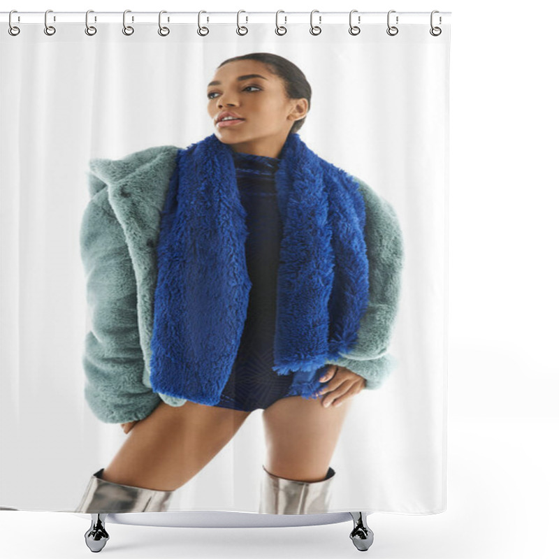 Personality  Chic Young Woman In Stylish Outerwear Poses Confidently Against White Backdrop. Shower Curtains