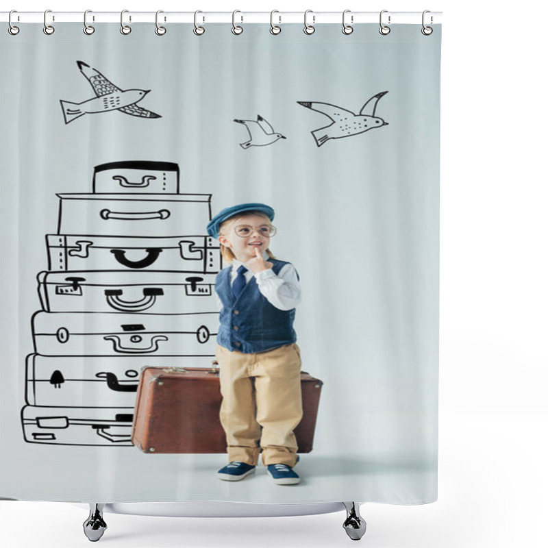 Personality  Dreamy Kid In Retro Vest And Cap Holding Suitcase And Looking Away On Grey Background With Travel Bags And Flying Birds Fantasy Illustration Shower Curtains