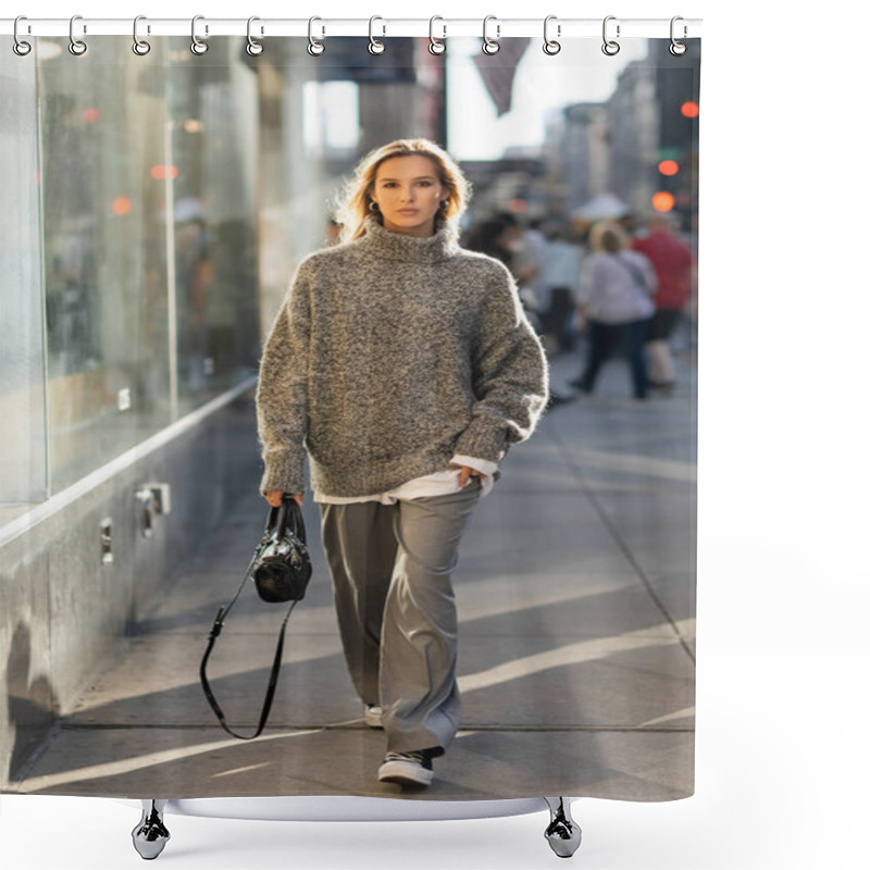 Personality  Full Length Of Young And Stylish Woman In Grey Outfit Walking With Trendy Handbag On Street Of New York  Shower Curtains