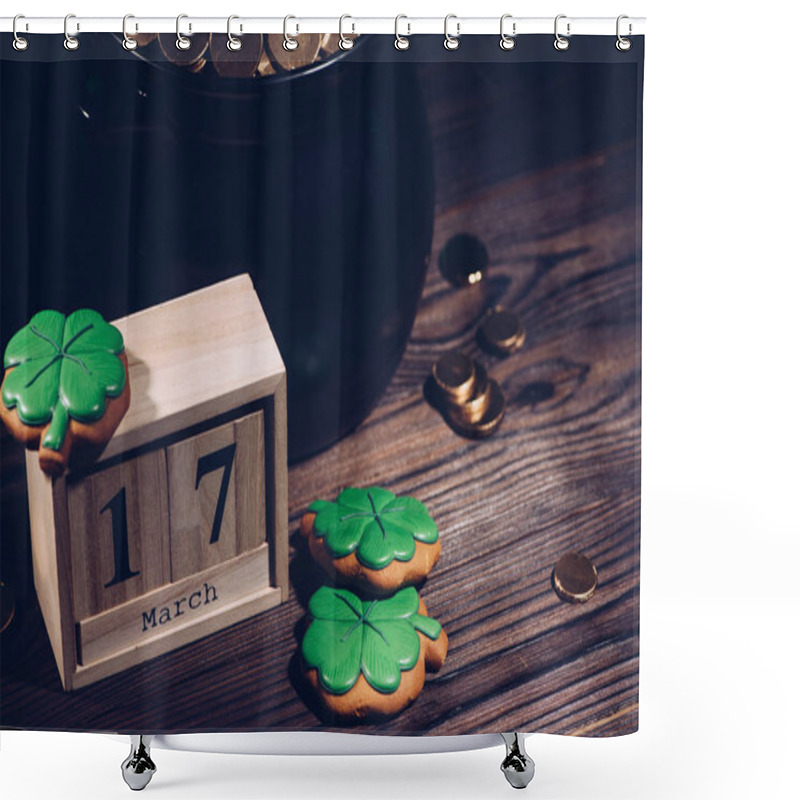 Personality  Close-up View Of Calendar, Cookies In Shape Of Shamrock And Pot With Golden Coins On Wooden Table   Shower Curtains