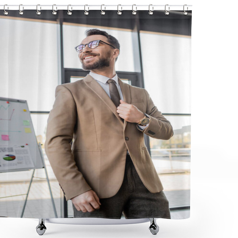 Personality  Low Angle View Of Successful And Happy Corporate Manager In Beige Blazer, Tie And Trendy Eyeglasses Looking Away Near Flip Chart With Graphs And Business Strategy In Office  Shower Curtains