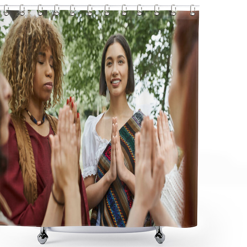 Personality  Positive Young Woman In Boho Clothes Meditating Near Multiethnic Friends Outdoors In Retreat Center Shower Curtains