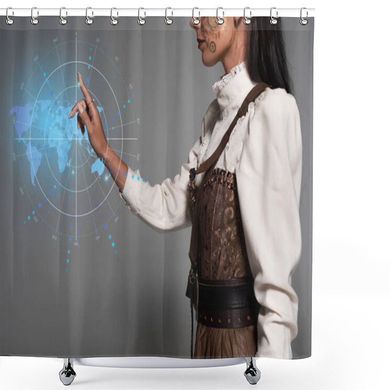 Personality  Cropped View Of Steampunk Young Woman Pointing With Finger At Digital Map Illustration Shower Curtains