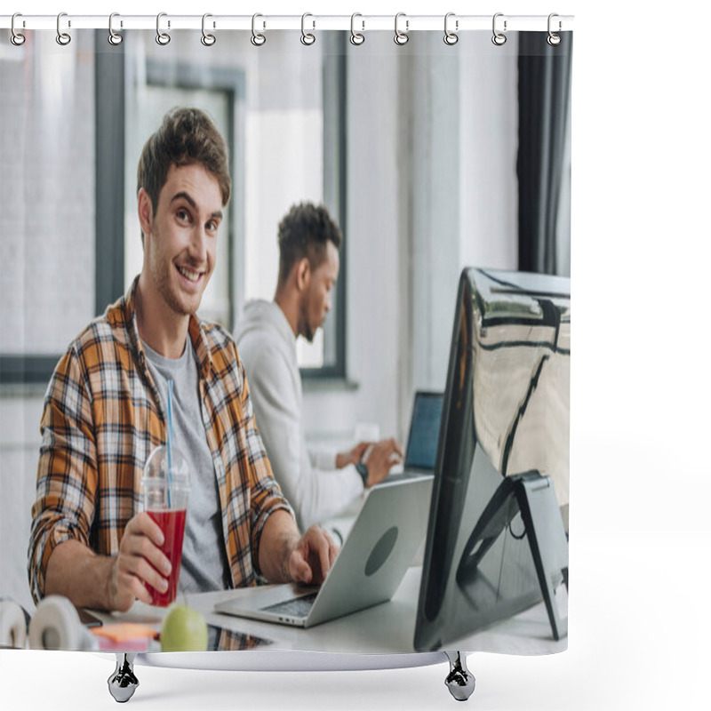 Personality  Cheerful Programmer Looking At Camera While Sitting Near African American Colleague Shower Curtains