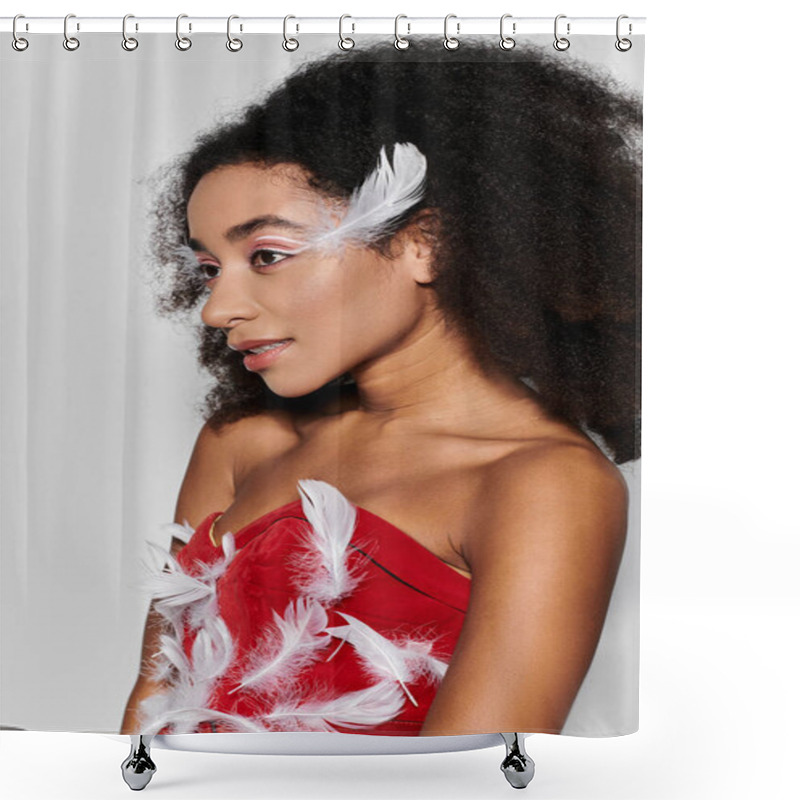 Personality  A Stylish Woman With Curly Hair Showcases Her Chic Red Ensemble Decorated With Feathers. Shower Curtains