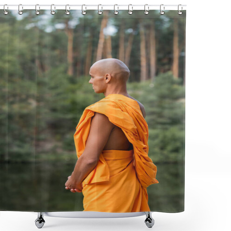 Personality  Man In Traditional Buddhist Robe Meditating In Forest Shower Curtains