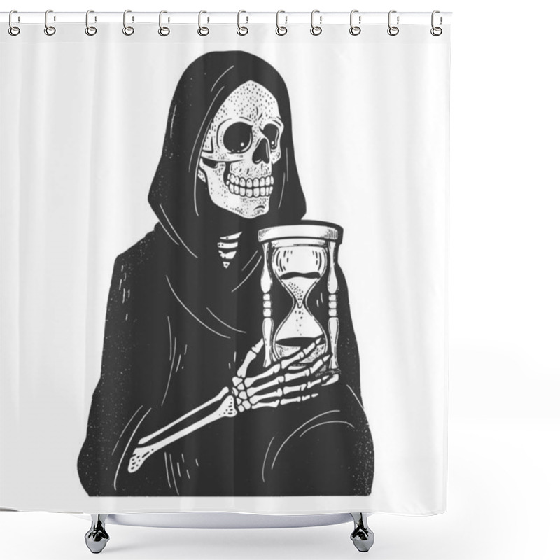 Personality  Grim Reaper Death Skeleton With Hourglass Sandglass Sketch Engraving Vector Illustration. T-shirt Apparel Print Design. Scratch Board Imitation. Black And White Hand Drawn Image. Shower Curtains