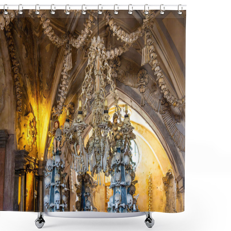 Personality  Kutna Hora, Czech Republic - May 29, 2024: Sedlec Ossuary, A Small Catholic Chapel Under The Church Of All Saints Cemetery That Contains The Skeletons Of Between 40,000 And 70,000 People Shower Curtains