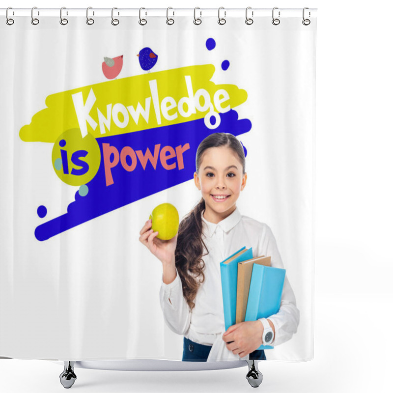 Personality  Smiling Schoolgirl Holding Apple And Books While Looking At Camera Near Knowledge Is Power Letters On White  Shower Curtains