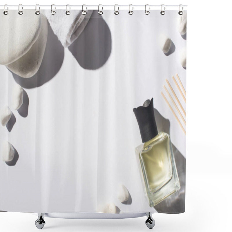 Personality  Top View Of Aroma Sticks With Perfume In Bottle Near Spa Stones And Towel On White Background Shower Curtains