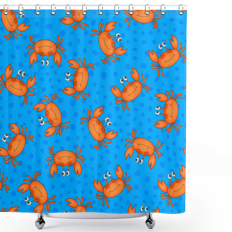 Personality  Seamless Pattern With Cute Orange Crab On Blue Background. Vector Animals Colorful Illustration. Adorable Character For Cards, Wallpaper, Textile, Fabric, Kindergarten. Cartoon Style. Shower Curtains