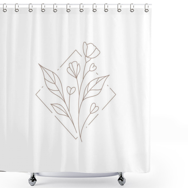 Personality  Line Art Simple Logo Beauty Flower Bud Stem Leaves Surrounded By Rhombus Squared Geometric Frame Shower Curtains