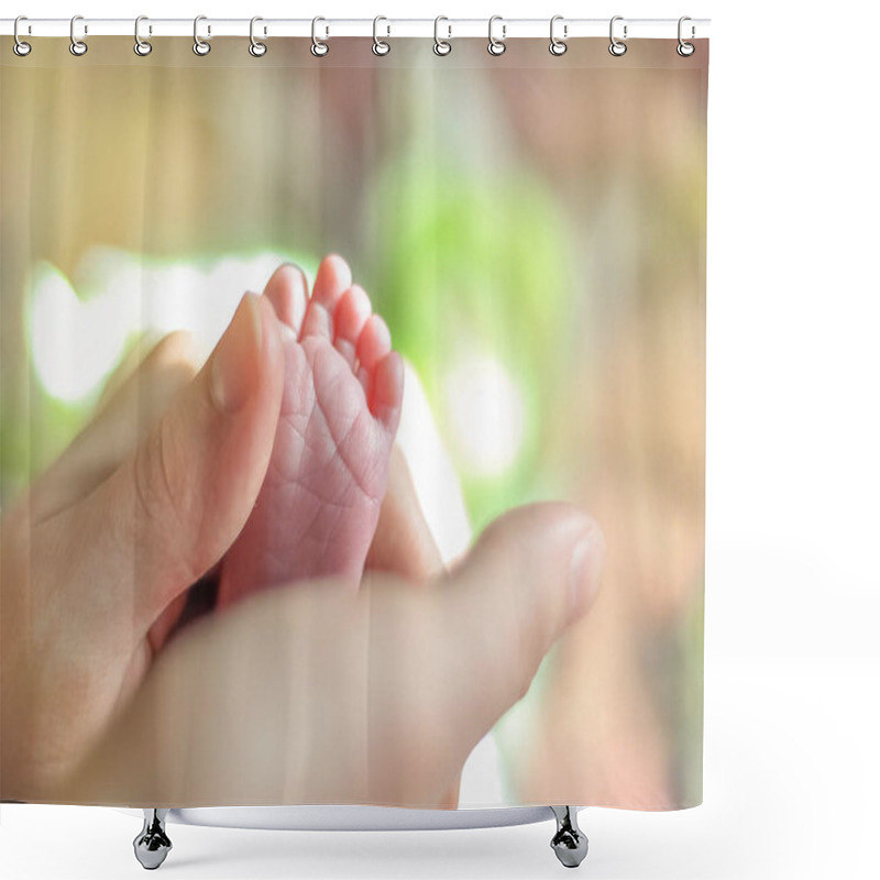 Personality  Baby S Feet Closeup Picture. Mother S Hands Holding Child S Foot. Little Girl S Fingers At Front. Shower Curtains