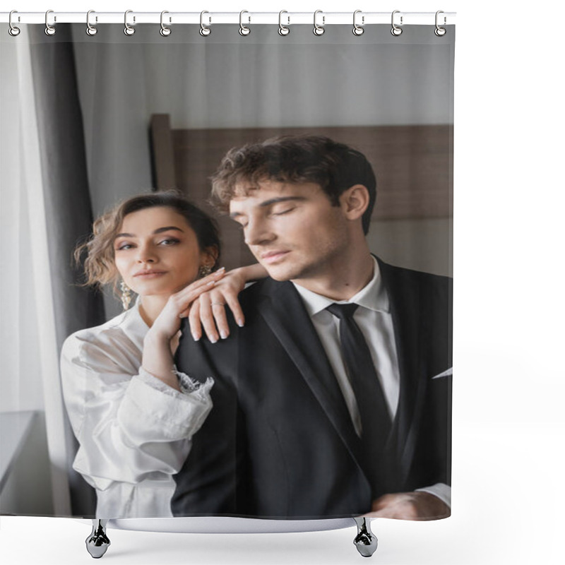 Personality  Pretty Bride In Jewelry And White Silk Robe Leaning On Shoulder Of Groom With Closed Eyes In Classic Formal Wear While Standing Together In Modern Hotel Room During Honeymoon, Newlyweds  Shower Curtains